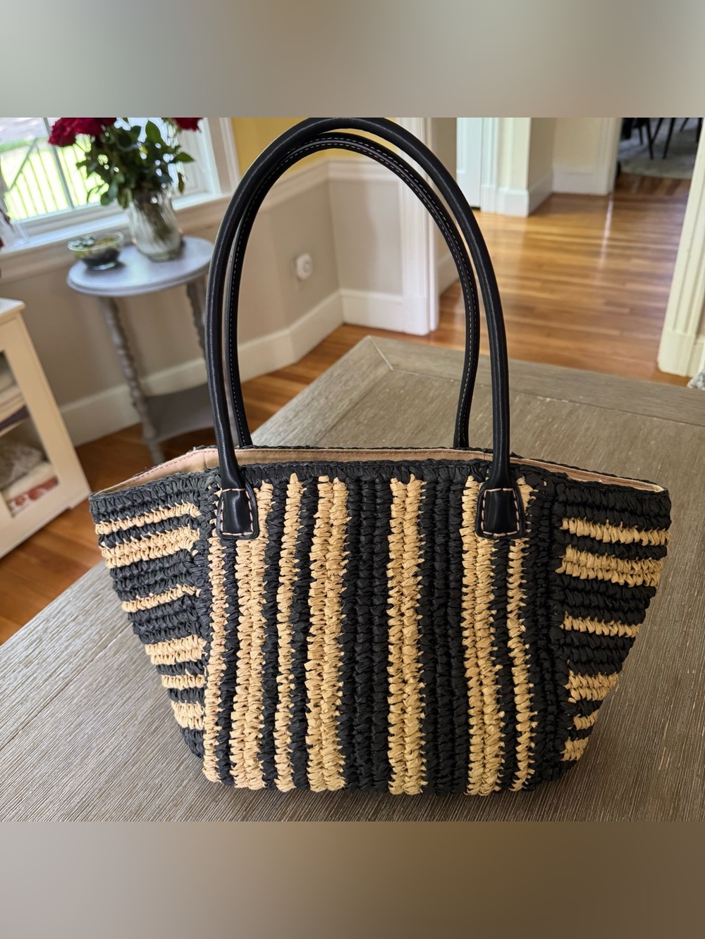 Madewell NWT Striped Black and Natural Woven Tote Bag with Black Handles